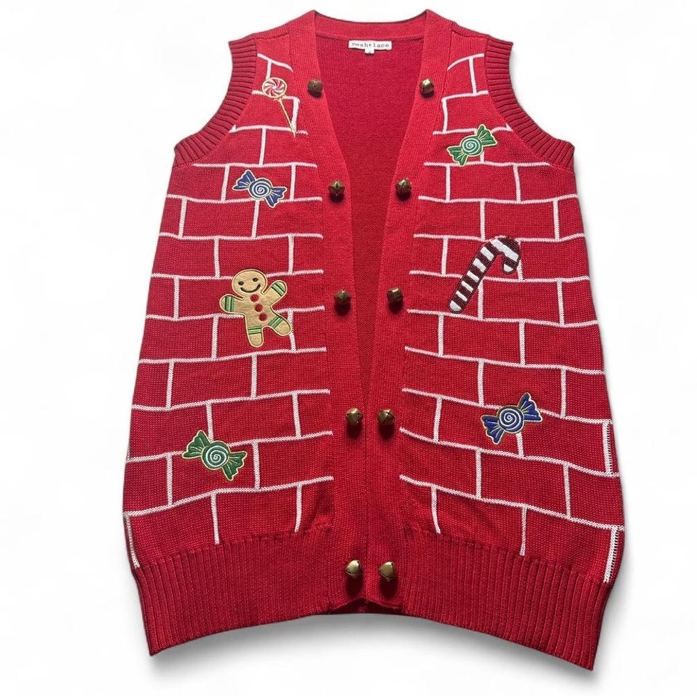 Mesh & Lace Unisex Christmas Open Vest/Sweater with Jingle Bells Small